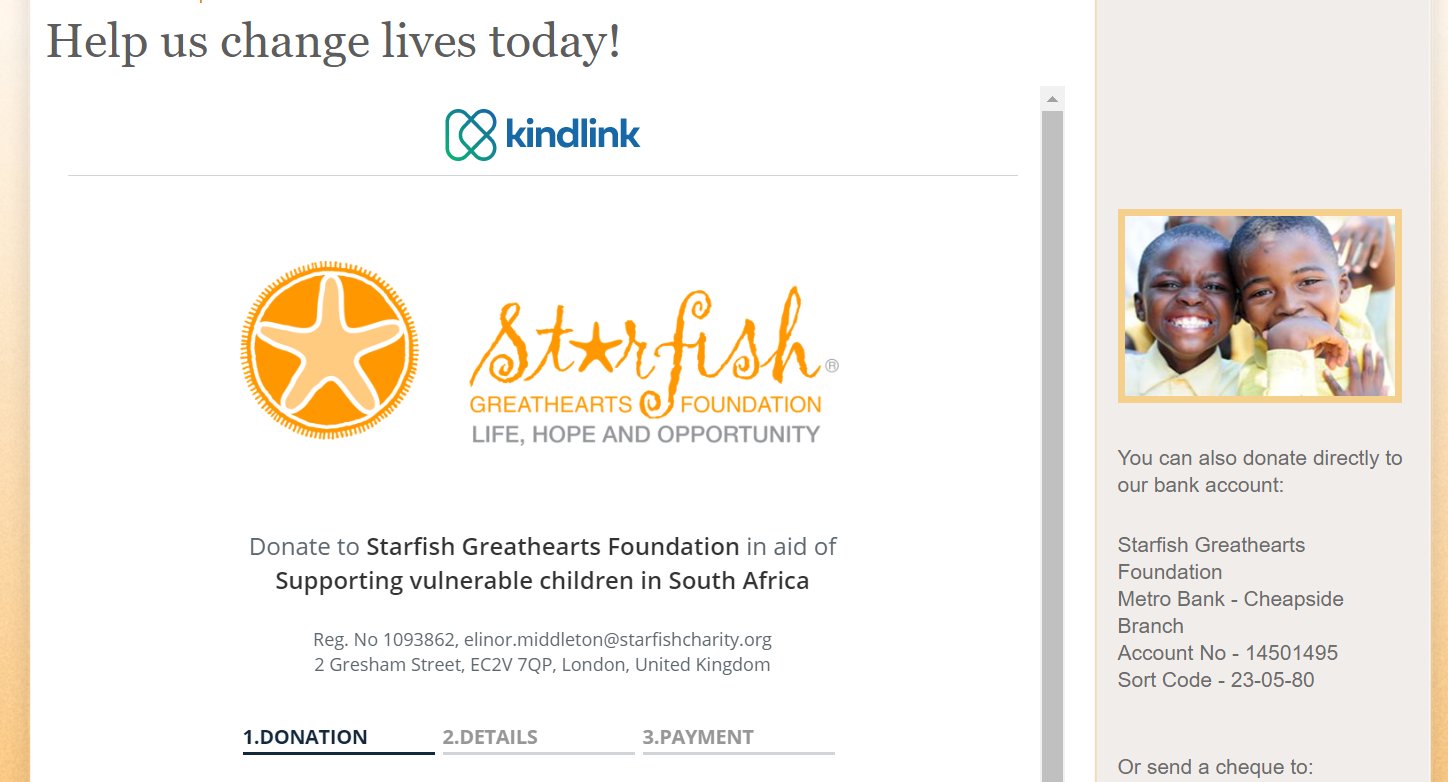 The donation page of the Starfish Greathearts Foundation
