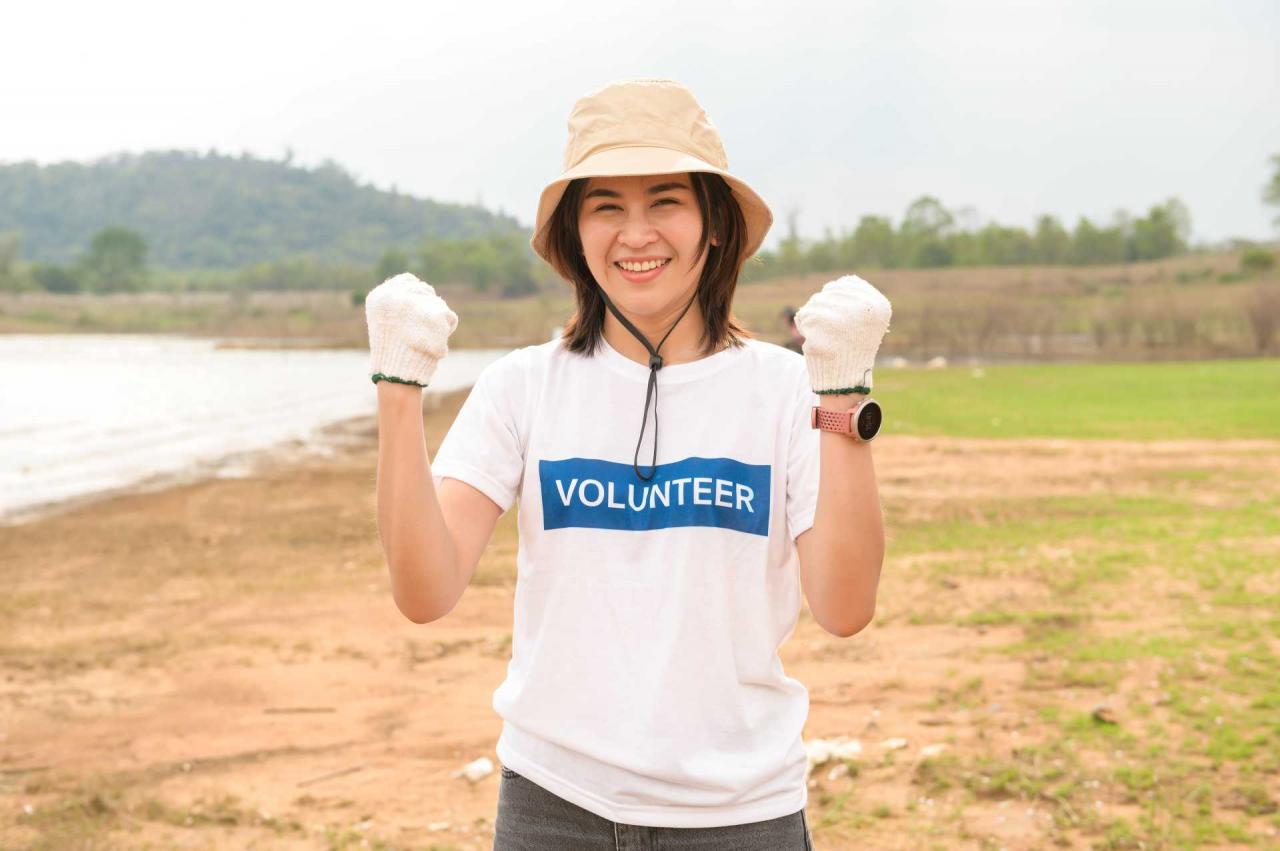 how to find volunteer work, A corporate volunteer ready for a nature clean-up event.