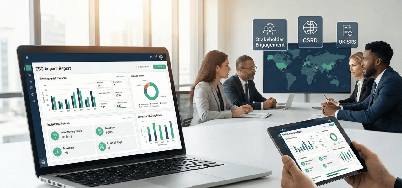 A professional team in a meeting room discusses ESG strategies, with a laptop and tablet in the foreground displaying an "ESG Impact Report" software dashboard. The dashboard shows charts and data related to environmental footprint, social contributions, and governance.