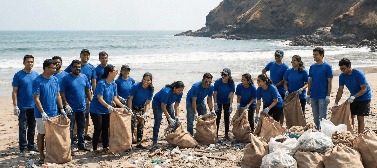 A corporate team embedding sustainability in a volunteering opportunity to clean a beach.