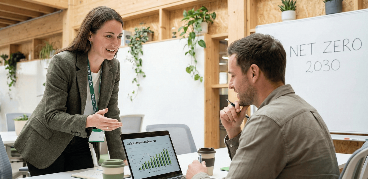 An SME employee in a meeting with an ESG service provider as part of outsourcing ESG reporting to an