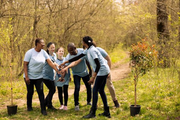 A team enjoying volunteering days at work by planting trees to improve volunteer experience.