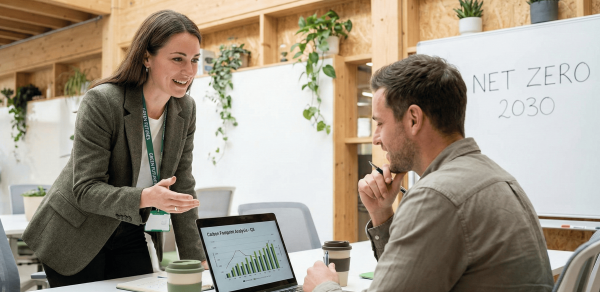An SME employee in a meeting with an ESG service provider as part of outsourcing ESG reporting to an